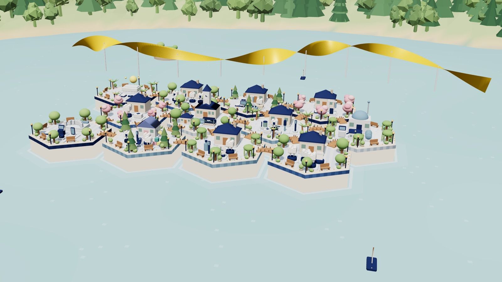 迎曦口腔島 3D 地圖全景:十多座六角形小島拼成一座城市,島上的房子與設備模型代表各療程主題,後方湖面有黃色絲帶造型的舞彩迎賓地標(程式產生的示意畫面)